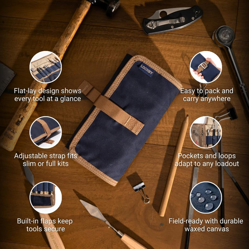 LOCHBY® Art & Electronic Organizer | EDC Roll-Up Tool Bag for Pen Lovers & Tech | Multi-Pocket with Elastic Loops for Pens, Cables, External Hard Drives | Stylish Waxed Canvas & Durable Aluminum Hooks Nautical