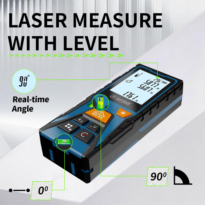 Laser Distance Meter Digital Laser Measuring Tool with LCD Backlit Display, Area Volume Pythagorean, ±2mm Accuracy, Class II, Electronic Tape Measure for DIY Construction – AAA Battery Powered Blue Green 393FT