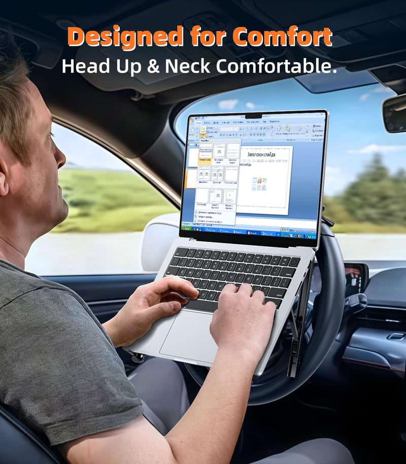 Car Laptop Mount Steering Wheel Tray Holder, Height Adjustable Car Desk for Laptop Computer Tablet, Foldable Portable Lap Laptop Stand for Car Vehicle Workstation Accessories Truck SUV Tesla Metallic Gray