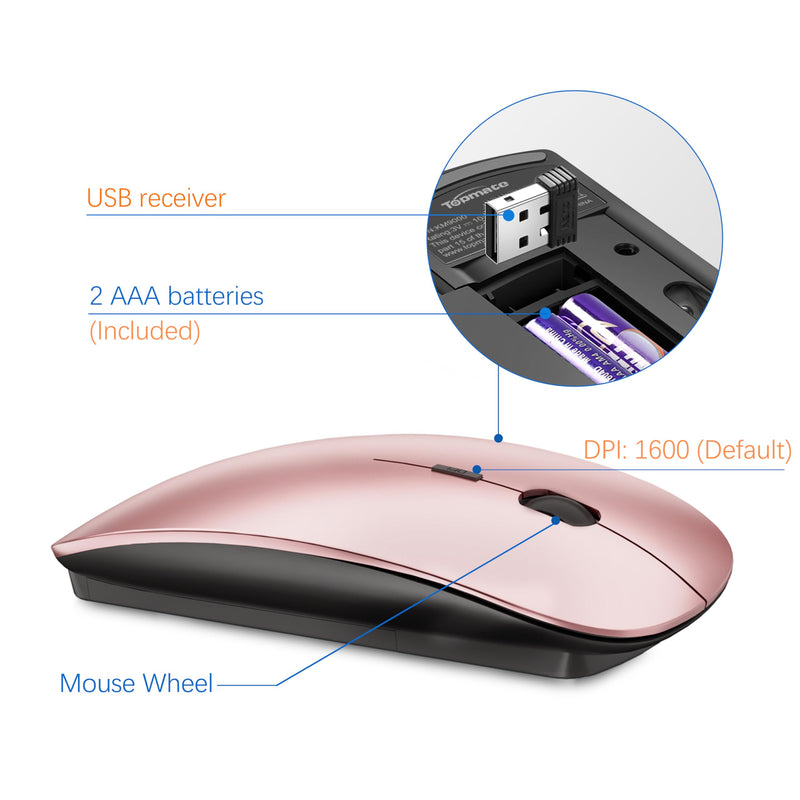 TopMate Wireless Keyboard and Mouse Ultra Slim Combo, 2.4G Silent Compact USB Mouse and Scissor Switch Keyboard Set with Cover, 2 AA and 2 AAA Batteries, for PC/Laptop/Windows/Mac - Rose Gold Black
