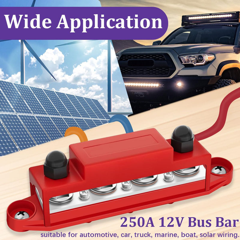 250A 12V Bus Bar Marine 12V,Power Distribution Block with Cover with 4 x 3/8”Post 6 x #8 Screws Terminals,Battery Bus Bar with 4PCS Battery Lugs and 4PCS Heat Shrink Tubing for Car Boat Solar Wiring 250A 4x3/8"+6x#8(M4)