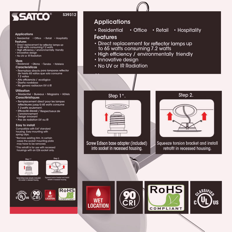 Satco S39312, 7.2 Watt LED Downlight Retrofit; 5-6 Inches; (2 LED Light Fixtures)
