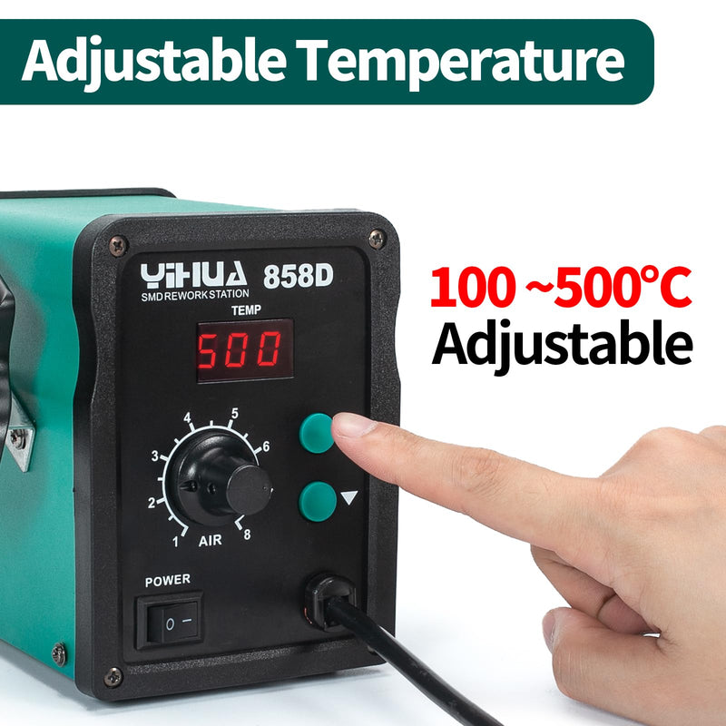 YIHUA 858D hot air soldering station desoldering station 700W for SMD soldering and desoldering with adjustable temperature and air volume, PID temperature control, auto start/stop function, hot air nozzles (EU PLUG)