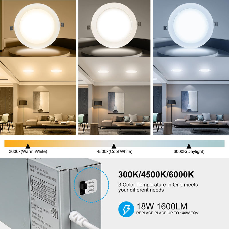 Elaruslux 2 Pack 7 Inch 3CCT Ultra-Thin LED Recessed Light with Junction Box, 3000K/4500K/6000K Selectable, 18W Eqv 125W, Dimmable Canless Downlight, 1600LM High Brightness 2-Pack