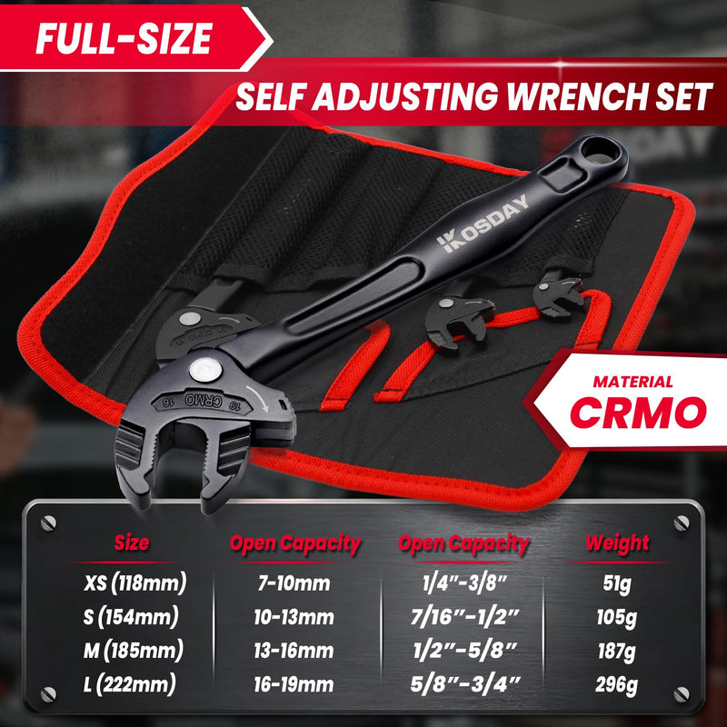 4-Piece Self Adjusting Wrench, Self-setting Spanner with Automatic Continuous Gripping for 1/4"-3/4" (7-19mm) Pipe Fittings Nuts and Bolts