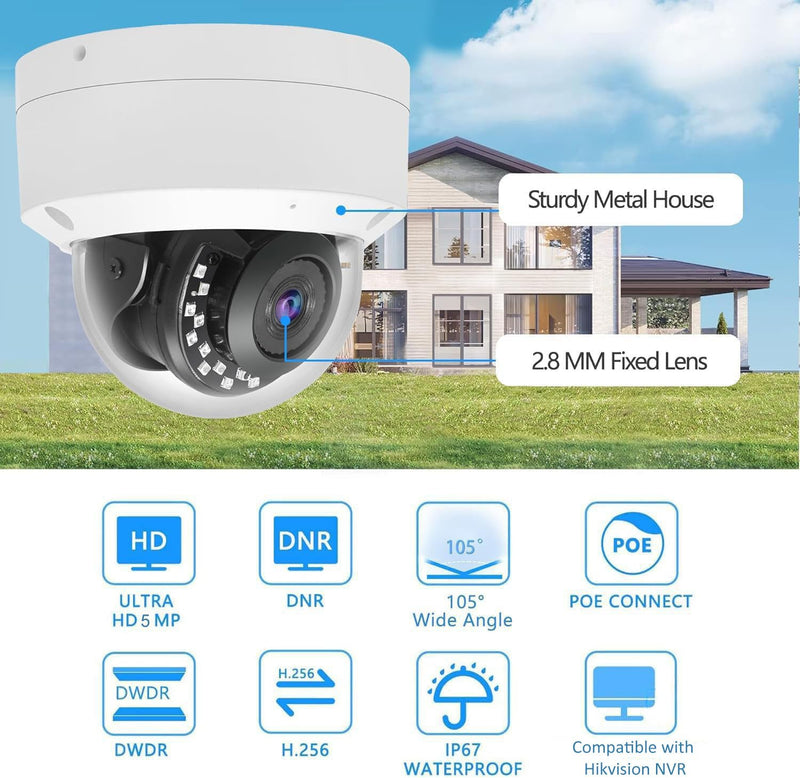 Real HD 5MP Vandal PoE IP Camera Outdoor, 2.8mm Wide Angle, H.265, 65ft IP67 Waterproof, Must Work with a NVR, Does not Work by Itself. 5MP Vandal Dome IP Camera