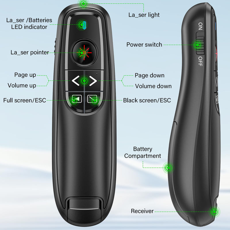 Presentation Clicker Wireless Presenter Remote Clicker, USB C PowerPoint Clicker for Presentation with Laser Pointer, RF 2.4GHz Computer Pointer Clicker Slide Advancer for Google Slides,Mac,Laptop Black