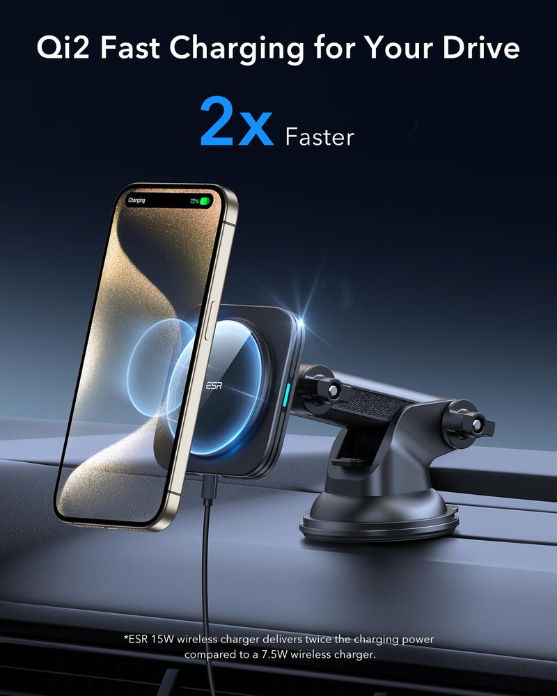 ESR for Qi2 15W MagSafe Car Mount Charger, Qi2-Certified MagSafe Car Charger, Dashboard/Windshield Magnetic Wireless Car Charger, Car Phone Mount for iPhone 15/14/13/12, Fast Charging, Black