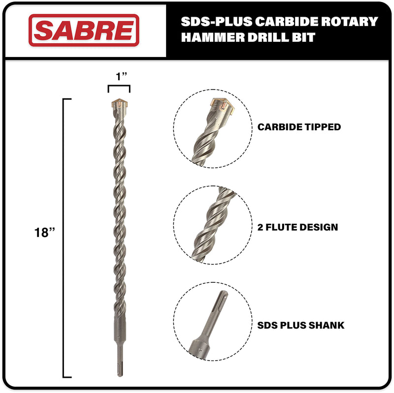 1 Inch x 18 Inch SDS Plus Rotary Hammer Drill Bit, Carbide Tipped for Brick, Stone, and Concrete (1" x 16" x 18") 1" x 18"