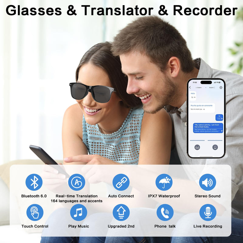 2BB Smart Translation Glasses for Men with Chat GPT, AI Sunglasses with VideoCall Translation Compatible for Android iOS, Bluetooth Calls, 50 Hour Battery Life, UV Protection, Voice Control