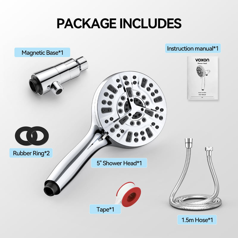 VOXON Magnetic High Pressure Shower Head, 10-Mode Handheld Shower Head, Built-in 2 Power Wash, Adjustable Shower Head with Handheld with Magnetic Docking & 60'' Hose, 2.5 GPM Showerhead with 5'' Face Silver