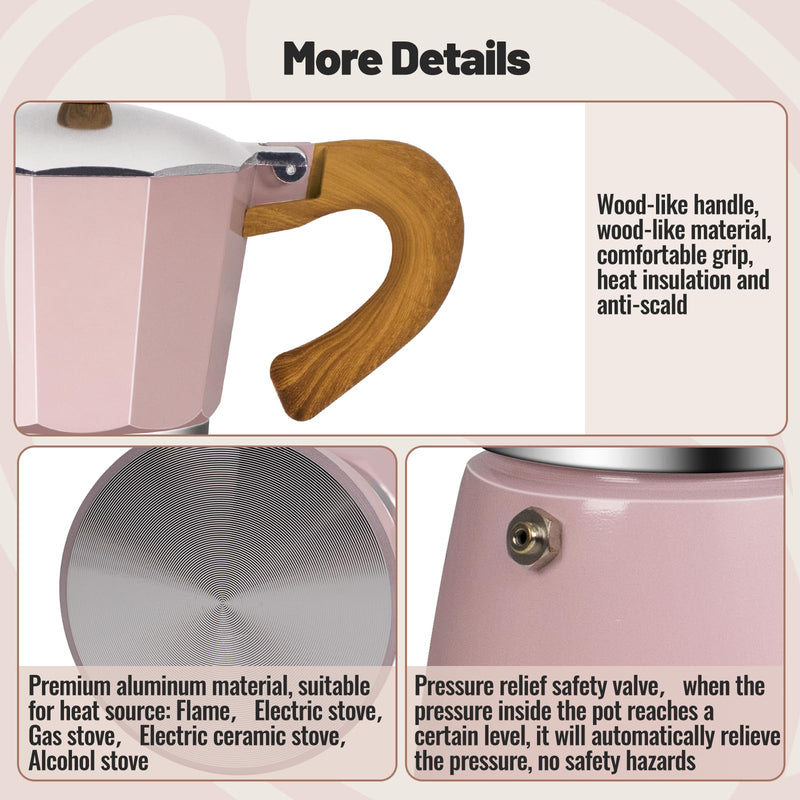 6 Cup Aluminum Moka Pot Classic Stovetop Espresso Coffee Maker 300ml 10oz Coffeemaker Percolator Mocha Pot Greca Coffee Maker Cafe Makers for Italian and Cuban Café Brewing Pink 6 Cup