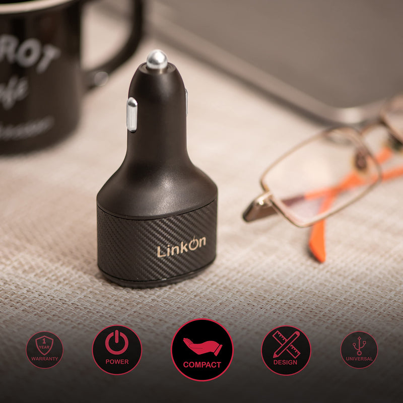 LinkOn 130W USB C Car Charger PD3.0 (100W) PPS + 30W PD – Dual USB-C Port Fast Charger for Laptop, Phone, or Tablet Compatible with MacBook, Dell XPS, HP, iPhone 15/16, Galaxy S23/S24, Pixel, and more Carb-130W