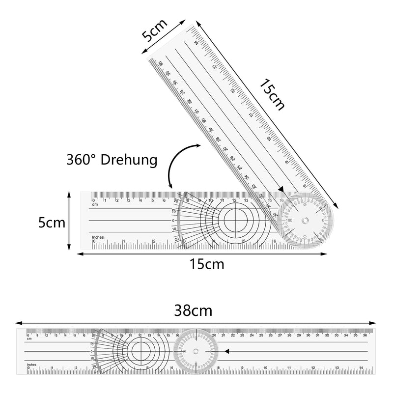 Catelves protractor, goniometer physiotherapy, PVC medical protractor 360° angle transparent joint knife 38 cm spinal ruler angle ruler for physiotherapy, sports therapy A-1 piece protractor