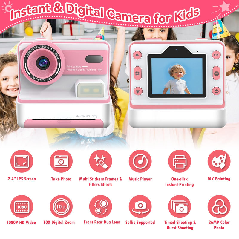 Instant Print Camera for Kids Toddler Camera Print for Girls Boys Age 3-12 2.4 Inch Screen 1080P Selfie Toddler Cameras for Children Birthday Gifts with 3 Rolls Print Paper & 32G Card(Pink) Pink