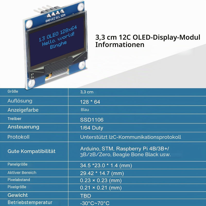 Binghe 3 Pieces 1.3 Inch OLED I2C Display Module 1106 Chip 128 x 64 Pixel Compatible with Arduino/Rasp-Pi