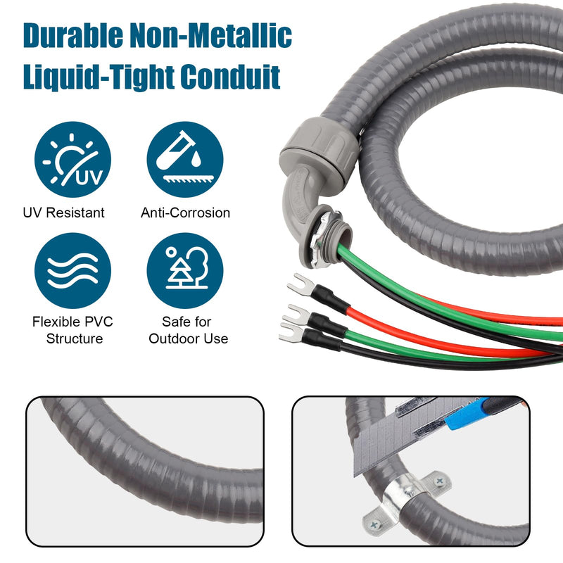 6FT Non-Metallic Liquid-Tight Conduit Kit, 1/2" Pre-Wired Electrical Whip with 3×10AWG THHN Copper Wires & Pre-Installed Terminals, 90° & Straight Connectors, Outdoor HVAC A/C Wiring 6 ft With Terminals
