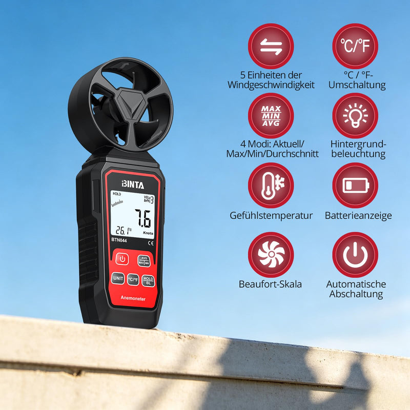 BINTA Digital Anemometer Windmesser digitales Windgeschwindigkeitsmessgerät | Windmessgerät mit Windgeschwindigkeit/Windkühlung, ℃/℉, Max/Min/Durchschnitt/Echtzeitmessung mit Hintergrundbeleuchtung
