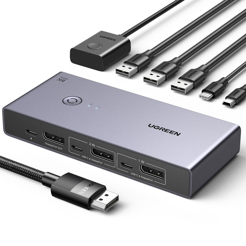 UGREEN 8K Displayport KVM Switch 2 in 1 Out DP1.4 with 4 USB 3.0 Ports(3 USB-A + 1 USB-C) Support 8K@60Hz 4K@240Hz Share 1 Monitor Keyboard Mouse U-Disk Printer, with 2 DP Cables, 2 USB A to C Cables