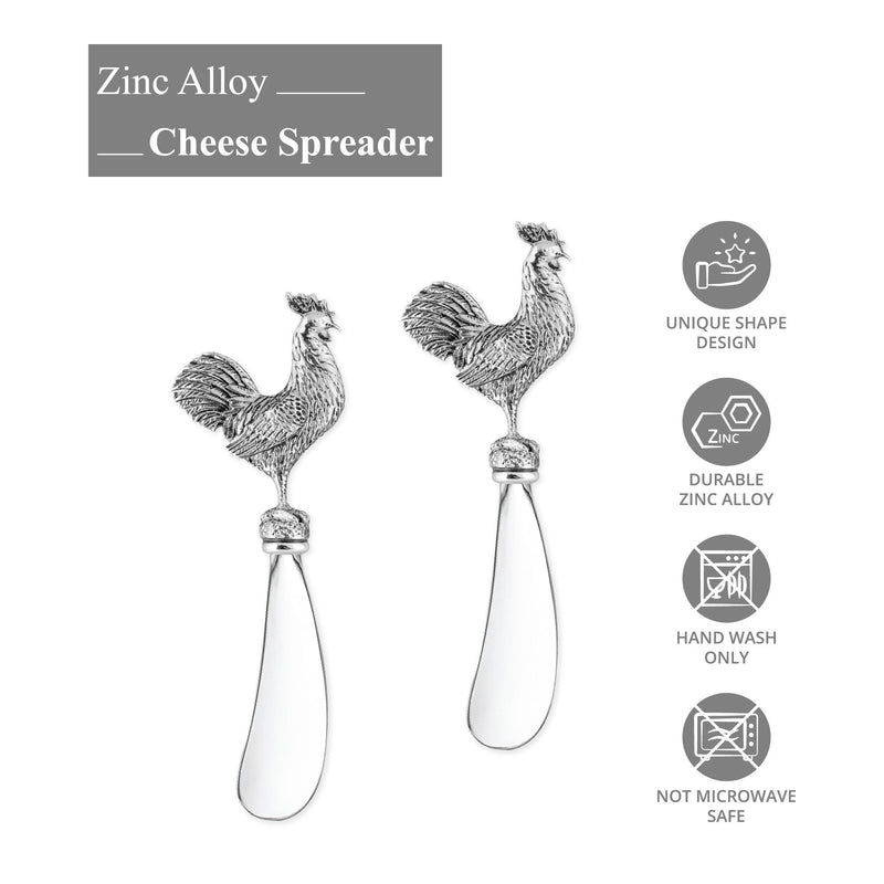 Wine Things Rooster Cheese Spreader Set, Zinc Alloy Butter Spreaders with Decorative Handles for Cheese, Cream, and Dips, Silver, 4.75 Inch, Set of 2