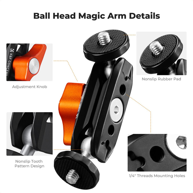 K&F Concept Dual Ball Heads Magic Arm, Articulating Mini Magic Arm with 1/4"-20 Screw, 360° Swivel Ball Head, Aluminum Alloy Camera Monitor Mount Arm for Camera, Light, Microphone, Monitor