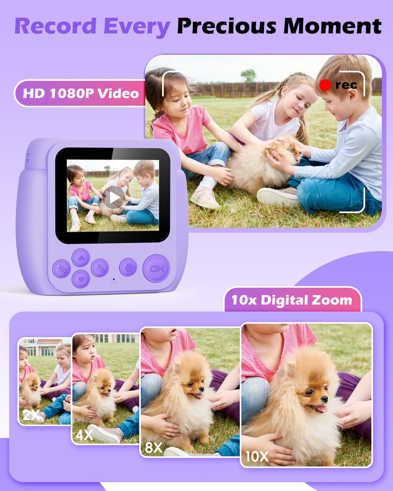 Kids Camera Instant Print, Christmas Birthday Gifts Toys for 3-10 Year Old Boys Girls, 1080P Video 20MP Toddler Digital Camera with 3 Rolls Paper & 32GB Card - Purple