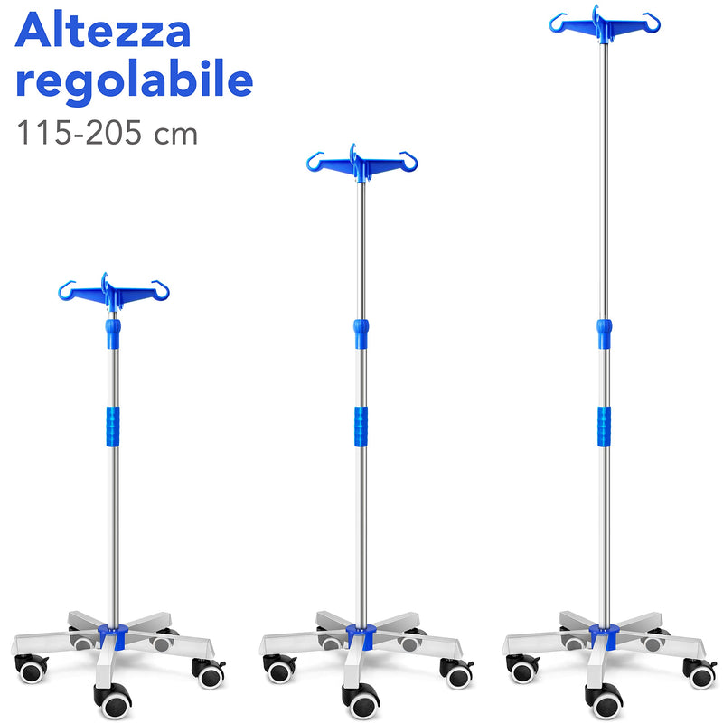 AIESI® IV stand made of STAINLESS STEEL with 4 plastic hooks and rotating wheels with brakes, free 2 bottle holders 100 ml, guarantee 24 months