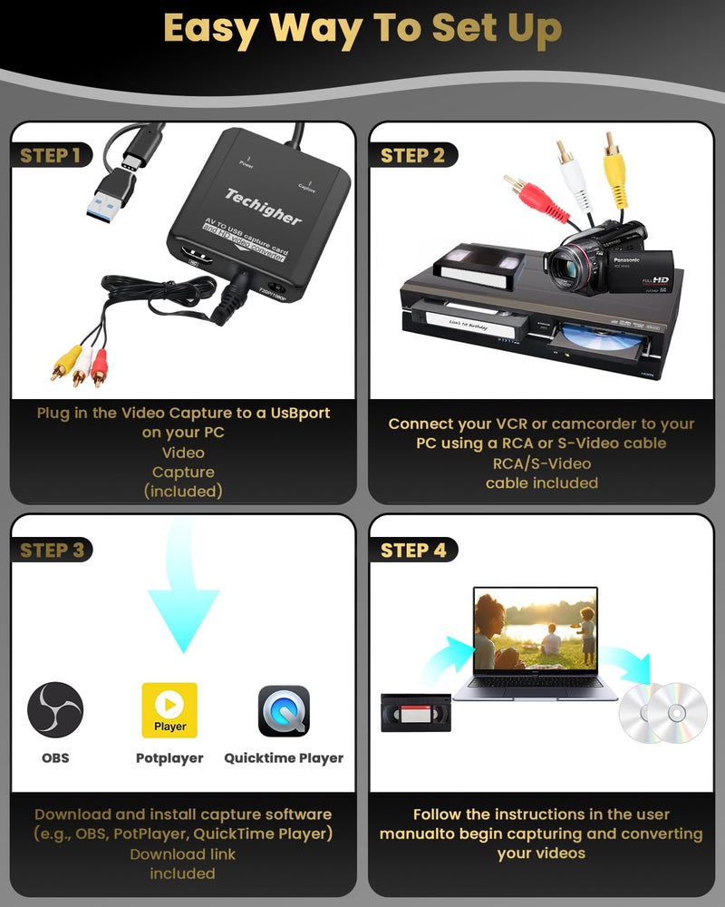 VHS to Digital Converter & RCA to HDMI Adapter USB Video Capture Card for VCR/DVD/AV/PS2/Wii,av to hdmi Converter Analog to Digital & HD Display Output, wii hdmi Adapter,Save/Convert OldVideo VHS CAP/Converter