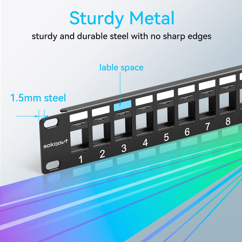 Sokqovt 24 Port Blank Keystone Patch Panel with Snap-in Design (2 Pack), Cat6 Network Patch Panel 1U 19 inch, Rack Mount Ethernet Patch Panel (for Slim Keystone Only) 2 Pack