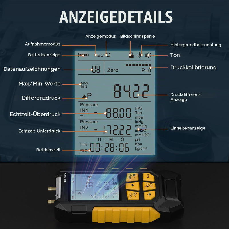 PT520 Digital Pressure Gauge Air Pressure Gauge -100-200 KPa 0.1 Resolution Air Pressure 10 Units Differential Dual Port HVAC Digital Pressure Gauge Gas Pressure Gauge with Backlit LCD Display