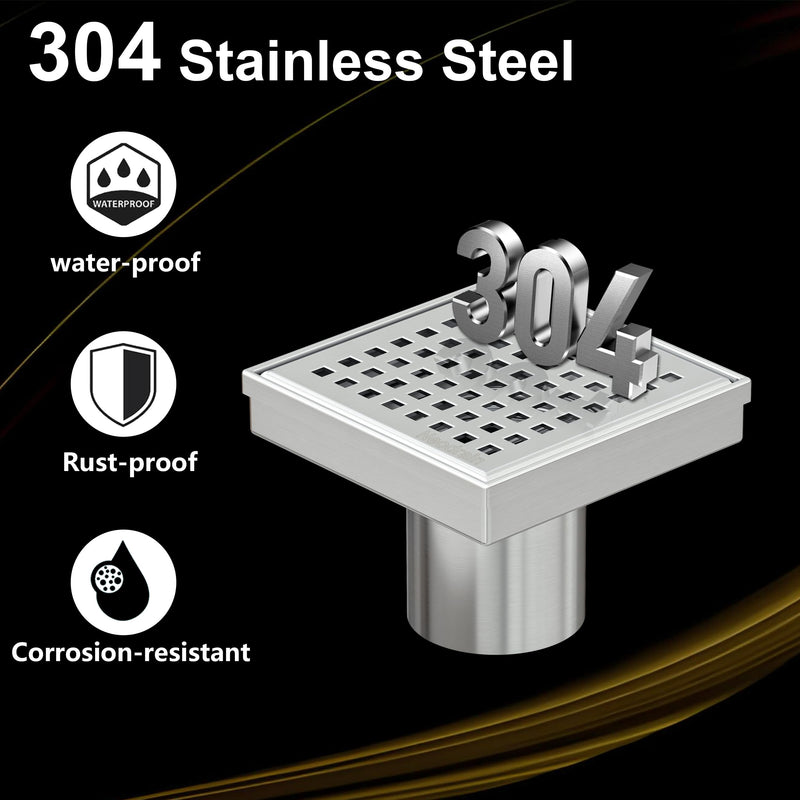 Neodrain Square Shower Drain with Removable Quadrato Pattern Grate, Brushed 304 Stainless Steel Square Drain for Bathroom, with Hair Strainer and Lifting Hook,CUPC Certified (Brushed Nickel, 4 in)