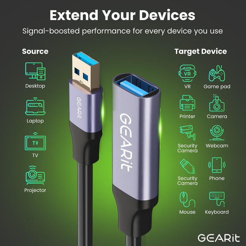 GEARit USB 3.0 Active Extension Cable (30 Feet) A-Male to A-Female USB Repeater with Signal Booster for Oculus Rift, Quest Link, Xbox 360 Kinect, PlayStation, Printer, Webcam - 30ft 30 Feet Black