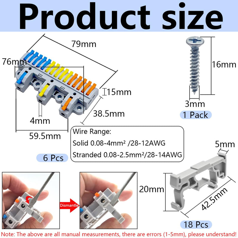 Lever Terminal Block Set (3 Inputs, 15 Outputs, 6 Sets) Heavy Duty Lever Terminals, Three-Input, Fifteen Outputs, DIN Rails, Screw Mounting, for 28-12AWG Cable