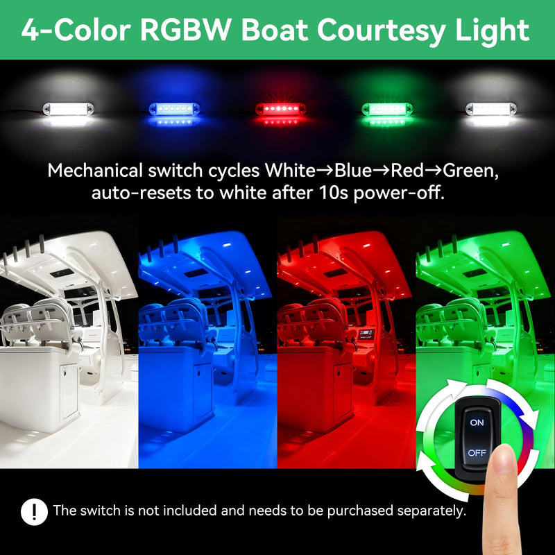 RGBW Boat LED Courtesy Light 12V 4PCS, 4 Inches Marine Courtesy Light Strip, IP67 Waterproof Boat Interior Cabin Lighting for Pontoon Sailboat Bass Yacht Kayak 4 INCH -RGBW Lights Without Switch