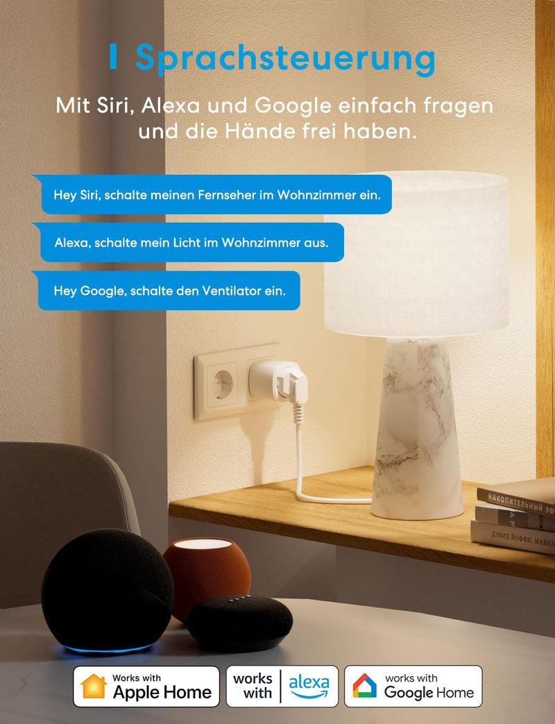 Meross Matte WiFi Socket with Power Consumption, Smart Socket with Electricity Meter for Balcony Power Plant, Works with Apple Home, Home Assistant, Alexa and Google Home, Voice Control, Remote Access | 16A smart socket with electricity meter for balco...