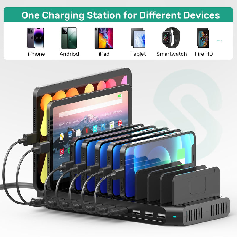 10-Port Multi Charging Station, 60W USB Tablet Charging Station for Multiple Devices, USB Charging Dock Multi Device Charger Organizer with Adjustable Dividers for Tablets, Smartphones Ebony
