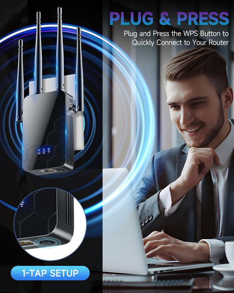 2025 WiFi Extender Internet Booster, 10000 Sq.ft Long Range Repeater Wireless Routers Amplifier, Mesh Wi-Fi 80% Faster | Broader Than Ever, Support More Network Devices at Home, 1-Tap Setup black