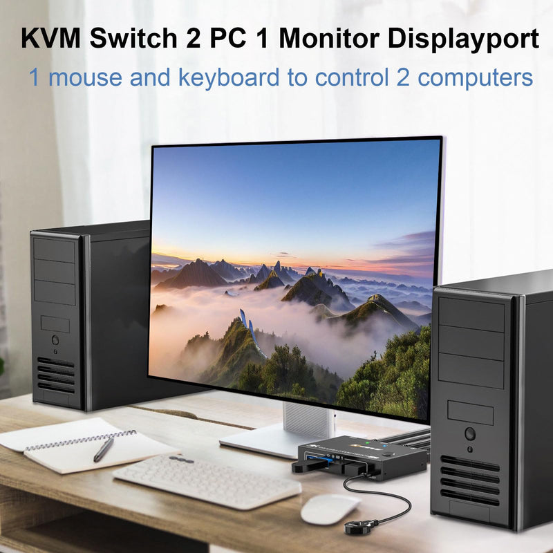 KCEVE KVM Switch 2 Computers 1 Monitor Displayport, USB 3.0 KVM Switch Displayport 4K@144Hz for 2 Computer Share 1 Monitor and 4 USB Devices, with Wired Remote 1 Monitor 2 PC 4 USB