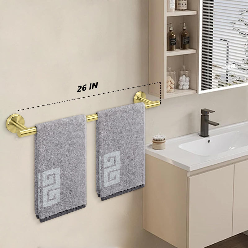 NearMoon Bath Towel Bar, Thicken Stainless Steel Shower Towel Rack Holder Wall Mounted for Bathroom, 26-lnch Overall Length-24-lnch Usable Hanging Space (1 Pack, Brushed Gold) 26 Inch 1