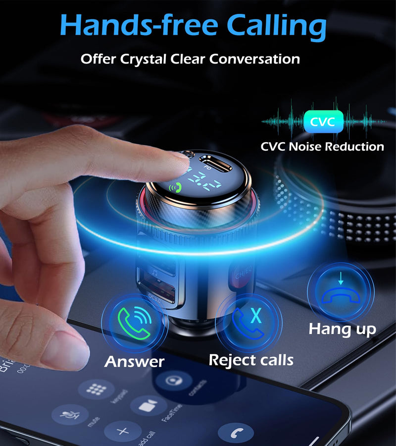 Car Bluetooth Adapter, Wireless FM Transmitter, USB C&QC3.0 Dual Fast Charging, Cigarette Lighter Radio Music, Supports Hands-Free Siri Google Assistant & USB Drive, HiFi Bass Sound
