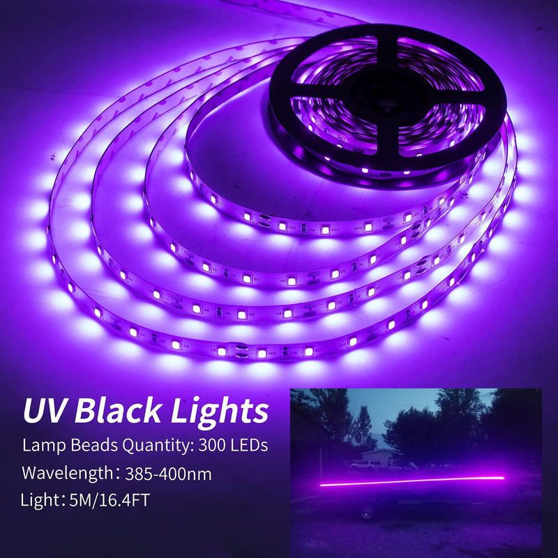 12V 16.4FT Marine Boat Ultra Violet UV Black Light LED Lights Strip, Night Fishing Lights, 5050 LED Waterproof UV Led Strip with Extension Cable for Fishing Boat Pontoon Yacht
