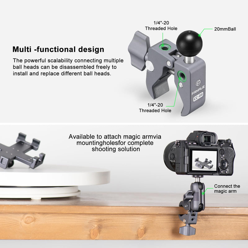 FANAUE Aluminum Alloy Handlebar Clamp Mount Base with 20mm Ball Head Adapter for Rails 0.5'' to 2'' Diameter Compatible with 20mm Ball Double Socket Arm & Bike Motorcycle Phone Holder