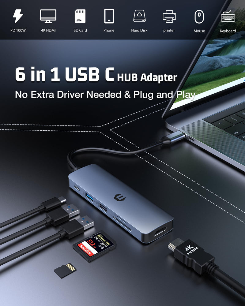 USB C HUB, 6 in 1 USB Adapter, 4K HDMI, 100W PD, USB 3.0 Ports, USB 2.0 Ports, and SD/TF Card Reader, Perfect for Mac Pro/Air, iPad Pro, iMac, and More