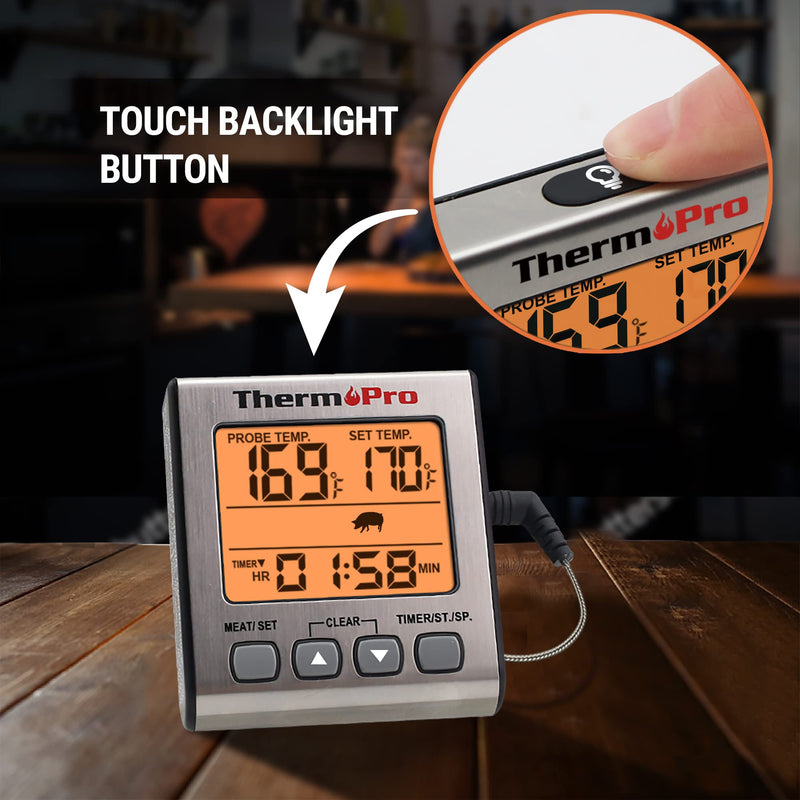 ThermoPro TP16S Digital Meat Thermometer for Cooking and Grilling, BBQ Food Thermometer with Backlight and Kitchen Timer, Grill Temperature Probe Thermometer for Smoker, Barbecue, Oven, Baking,Oil Light Silver