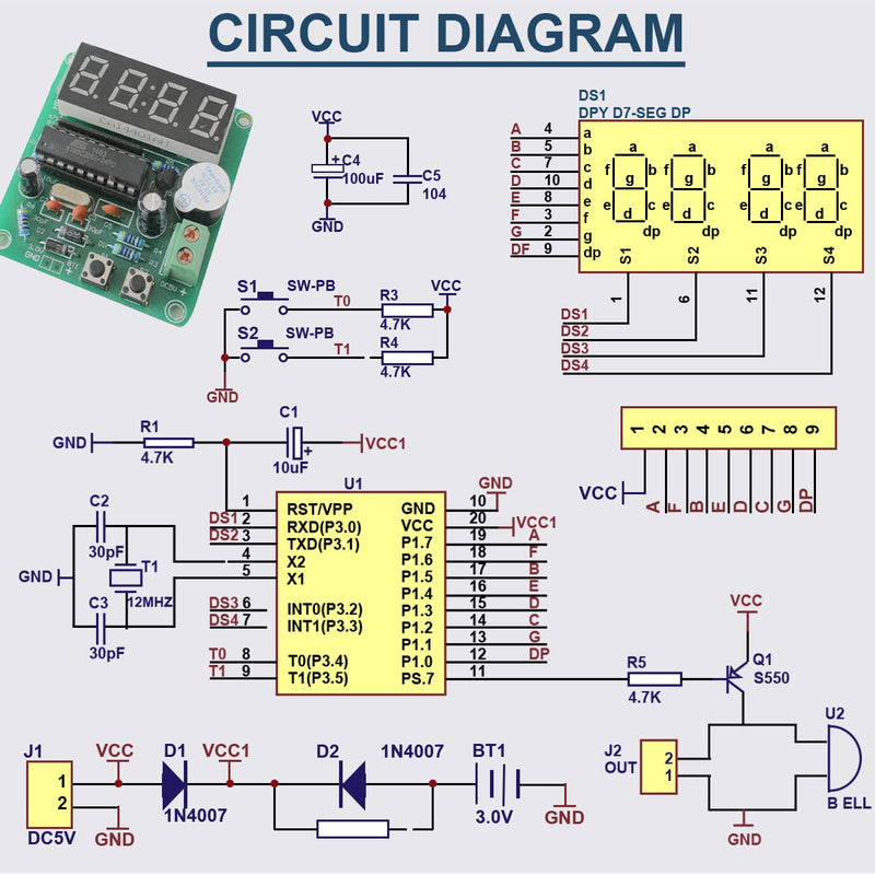 DAOKAI 4 Bits Digital Clock DIY Kit LED Electronic Clock Production PCB Soldering Practice Board for Curriculum Exercises Welding Exercises, with USB 2.0 Plug Cable