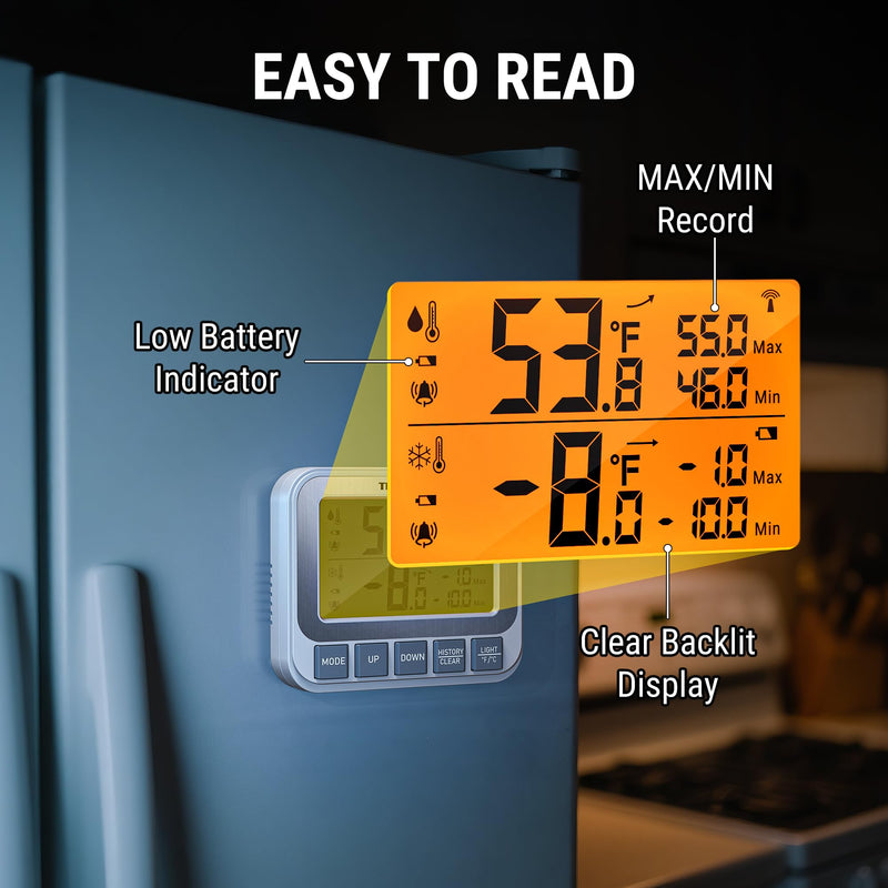 ThermoPro Wireless Freezer Refrigerator Thermometer with Alarm, 500 ft Range, Dual Sensors ±0.9℉ Accuracy, Fridge Thermometer with Backlit LCD Display, Rechargeable & Battery Included