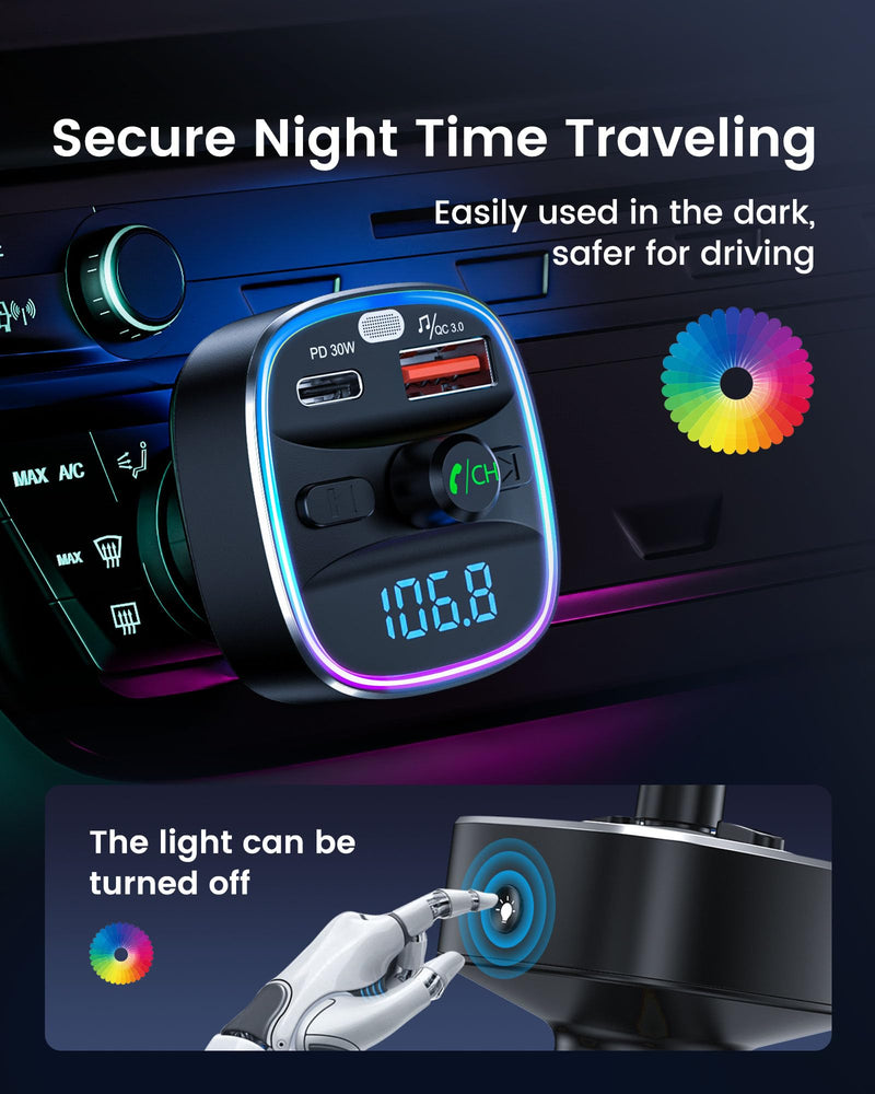 LENCENT Bluetooth 5.4 FM Transmitter Car Adapter 48W [PD 30W & 18W] [7 Color Light] [Fast Charging] Wireless Radio Music Adapter Hands-Free Calling, Support USB Drive & TF Card Colorful-48W