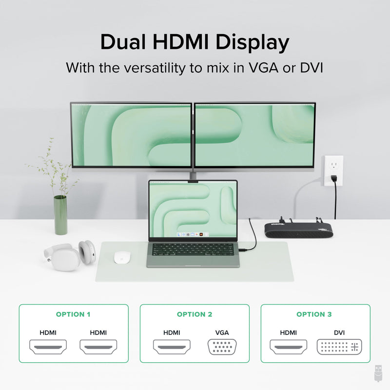 Plugable USB 3.0 Universal Docking Station for Windows, macOS, ChromeOS (Dual HDMI Monitors or DVI/VGA, Gigabit Ethernet, Audio, 6 USB Ports)