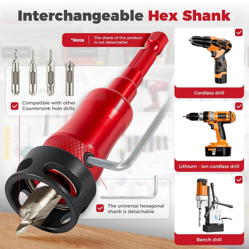 BURMONG 5-Piece Countersink Drill Bit Set with Bearing Depth Stop & Chamfer Tool, 1/4" Hex Shank Quick Change Bi-Directional Cutting Edges for Woodworking (with Adjustable Bearing Depth Stop) With Adjustable Bearing Depth Stop