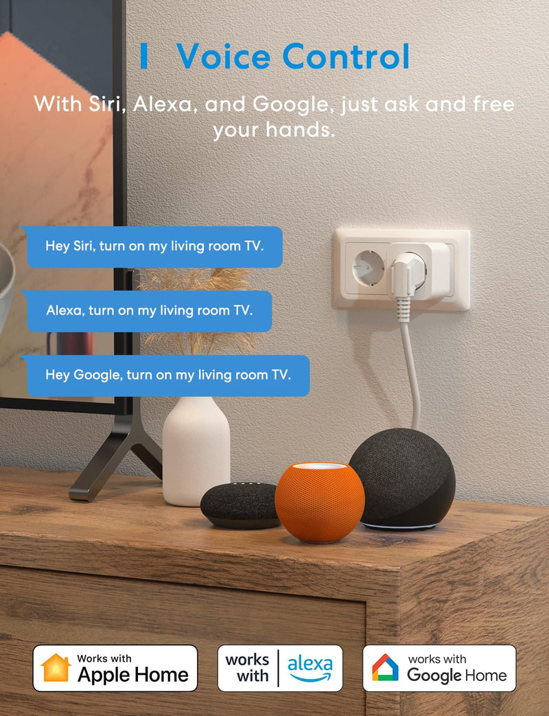 Meross Smart WLAN Socket with Current Measurement and Timer, Pack of 4 | WiFi socket with app remote control and voice control, compatible with Apple HomeKit, Alexa, Google Home, SmartThings, 16A